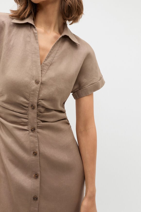 Linen Ruched Shirt Dress  Nutmeg  hi-res
