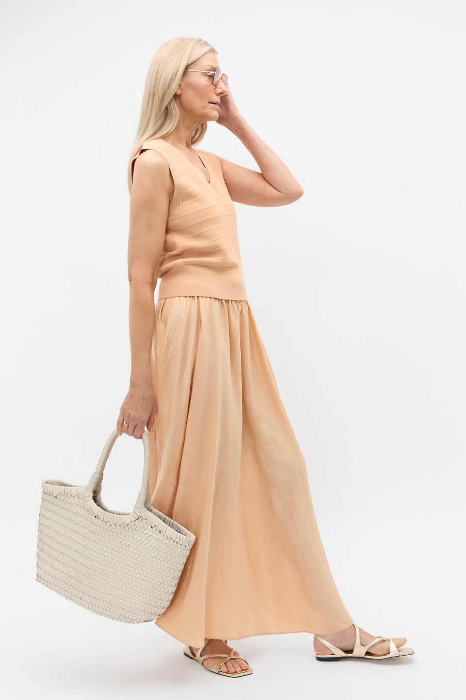Textured Satin Elasticated Skirt  Apricot