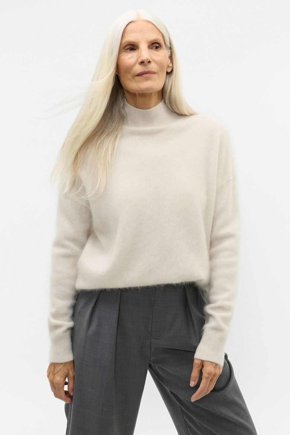 Brushed Cashmere Roll Neck Knit  Oat Marle