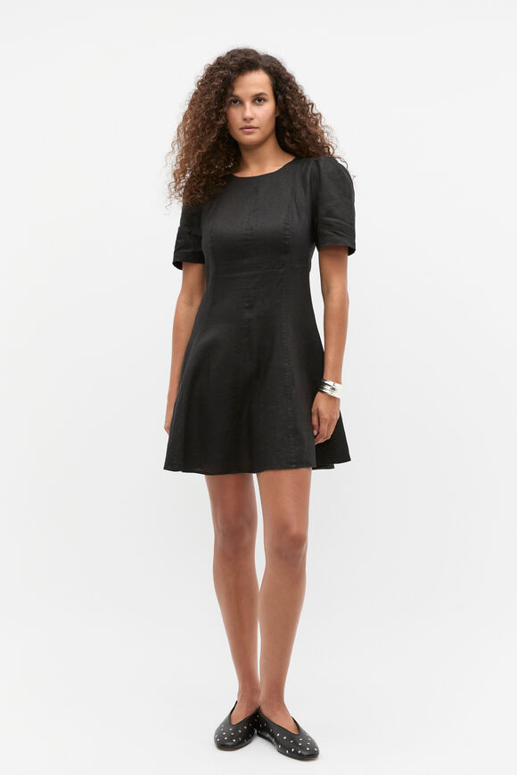Linen Fit And Flare Mini Dress  Black  hi-res