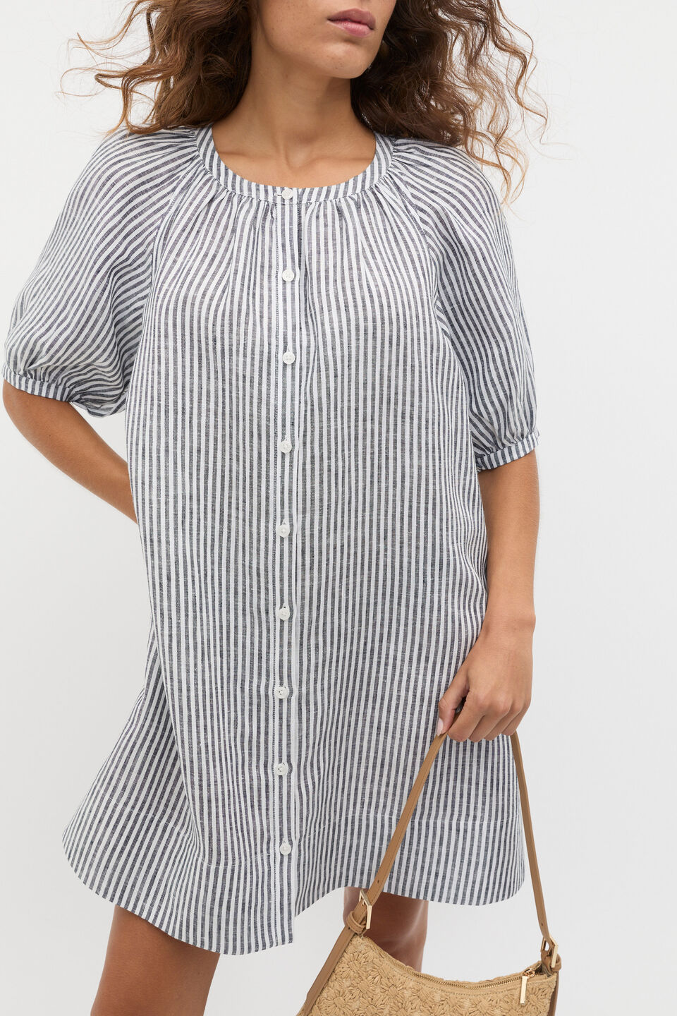 Linen Gathered Mini Dress  Twilight Blue Stripe