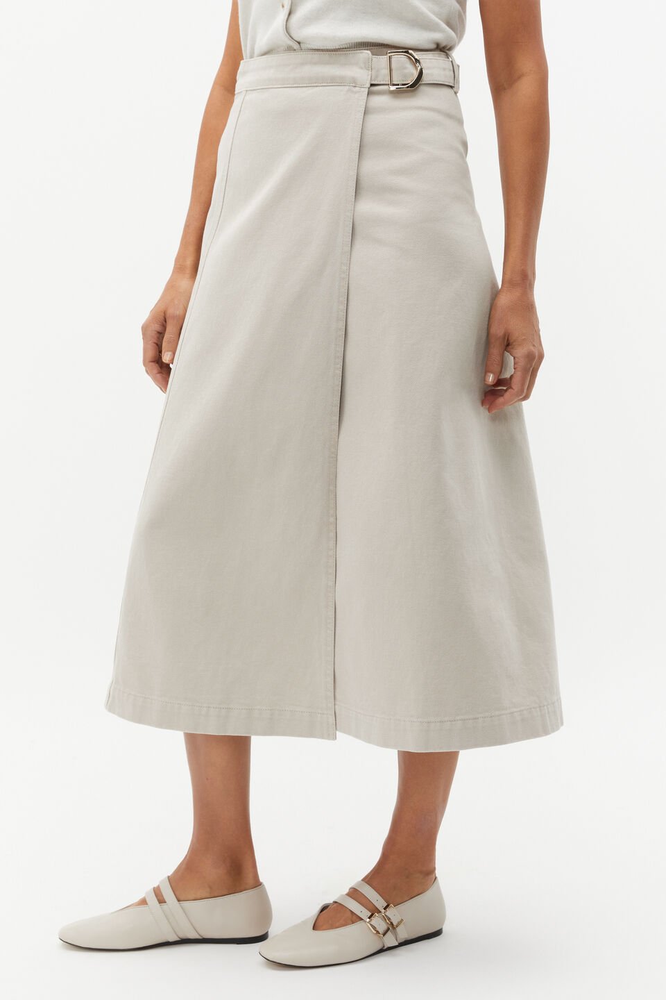 Denim Wrap Front Buckle Skirt  Oat