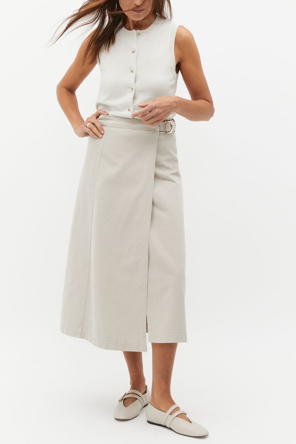 Denim Wrap Front Buckle Skirt  Oat