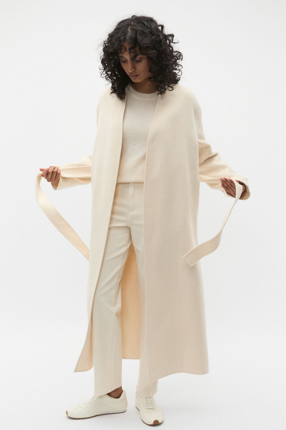 Wool Blend Belted Midi Coat  Coconut Cream Marle