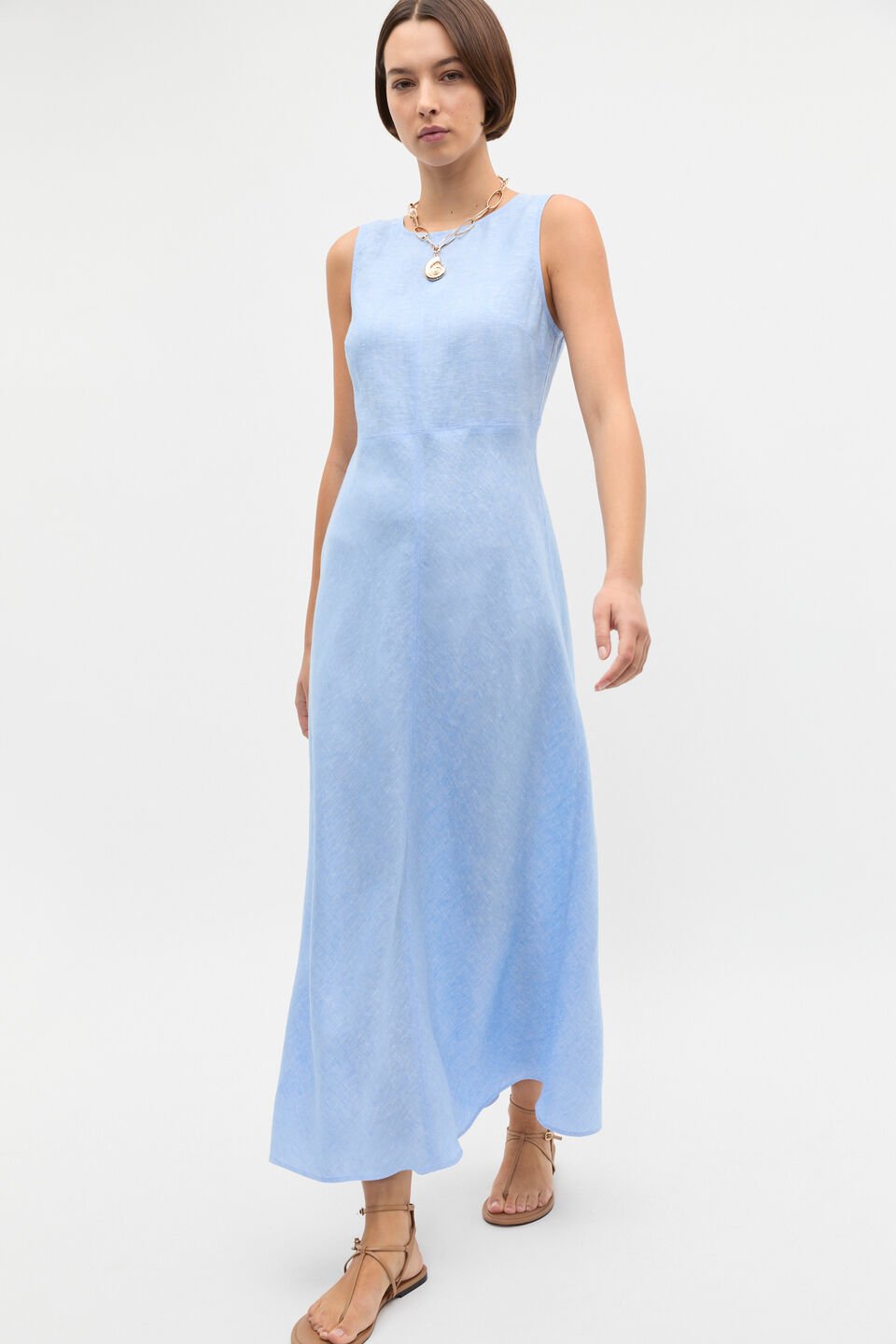 Linen Sleeveless Midi Dress  Cornflower Blue Crossdye