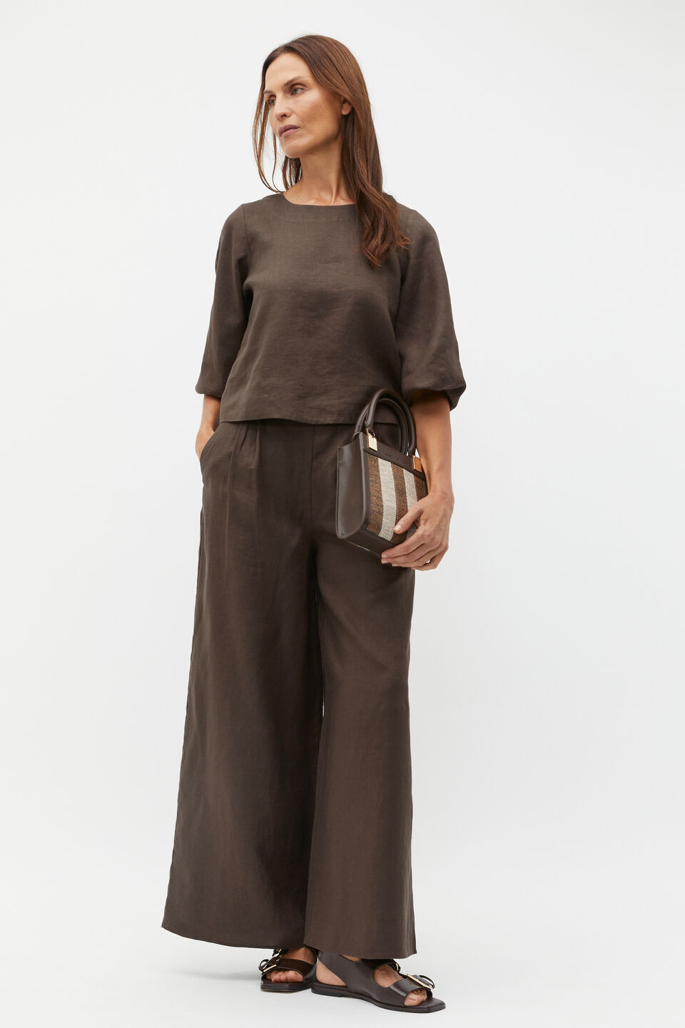 Linen Button Tab Pant  Dark Espresso