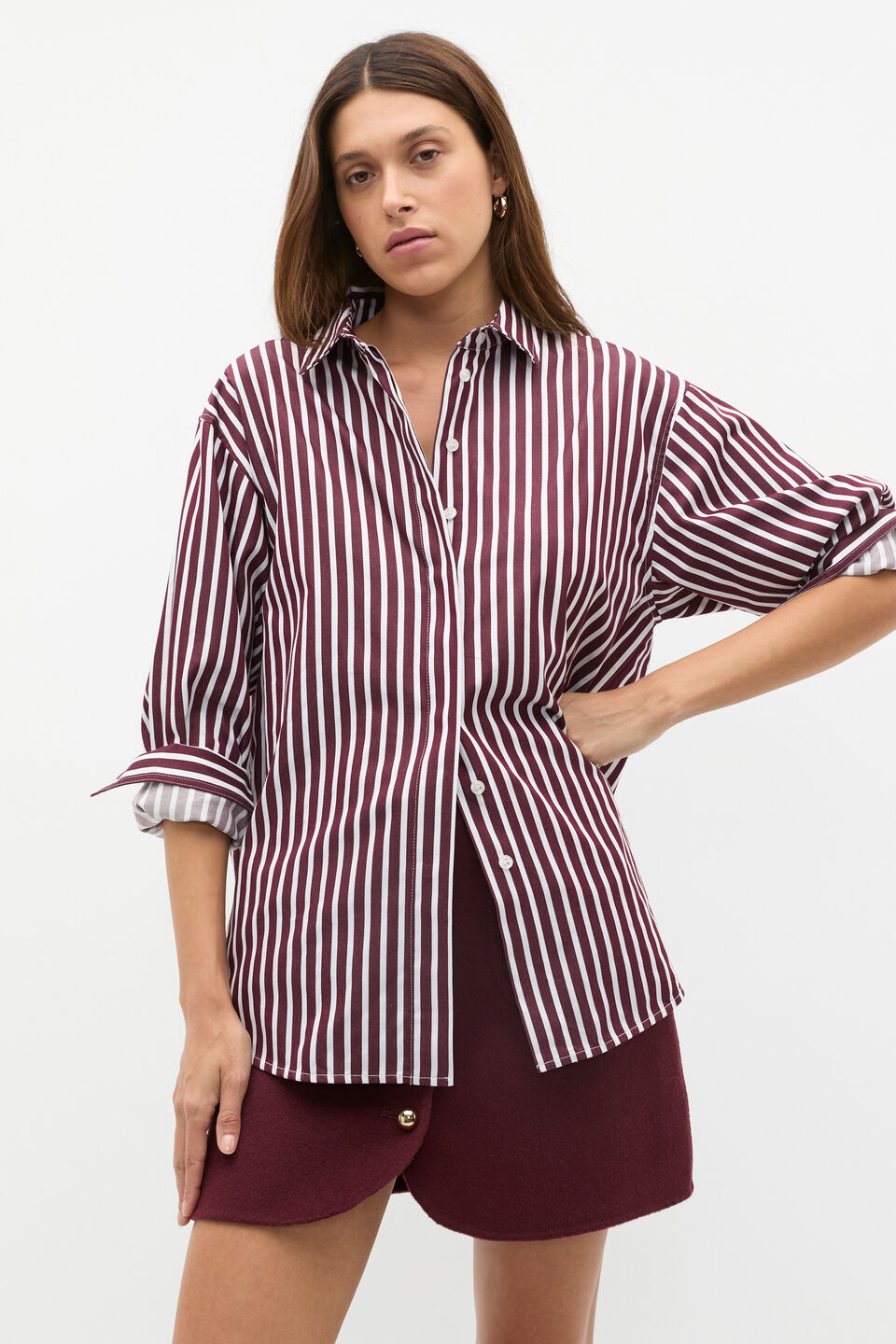 Wool Blend Button Mini  Plum Red