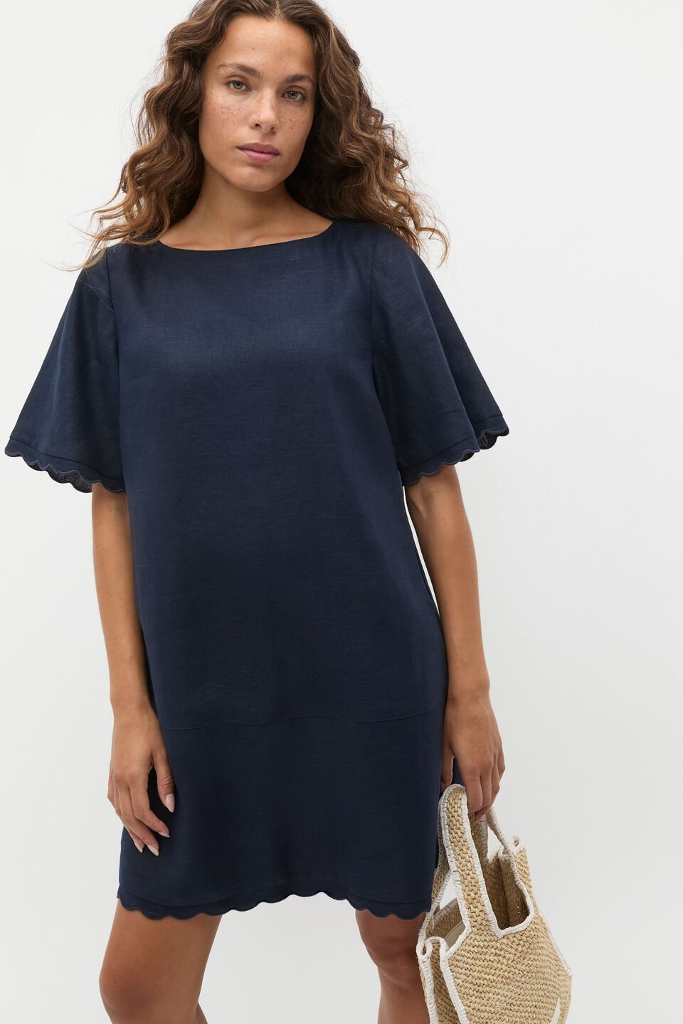 Linen Wave Scallop Mini Dress  Twilight Blue