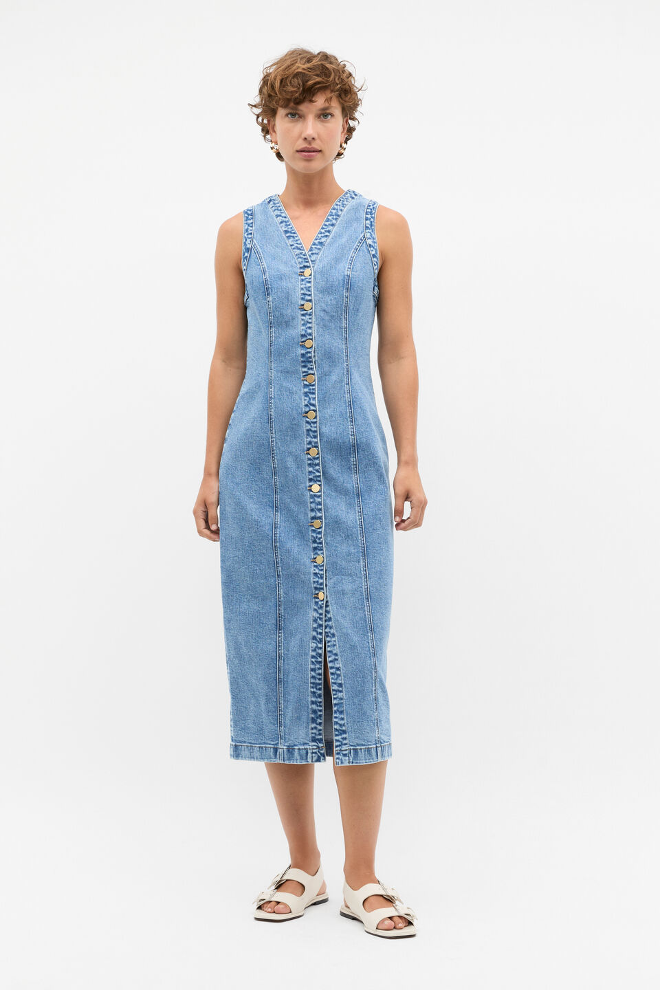 Denim Button Through Midi Dress  Mist Blue Wash