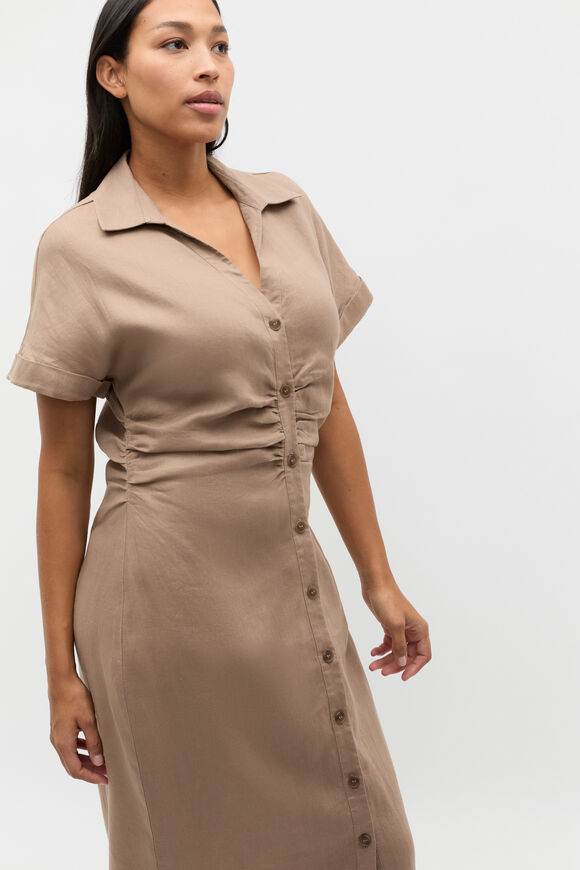 Linen Ruched Shirt Dress  Nutmeg  hi-res