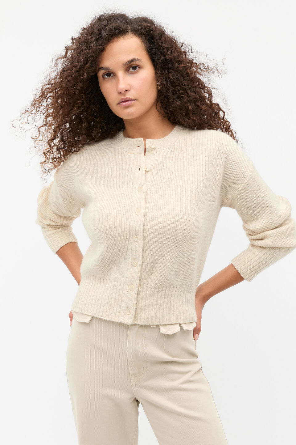 Merino Button Up Knit Cardigan  Oat Marle