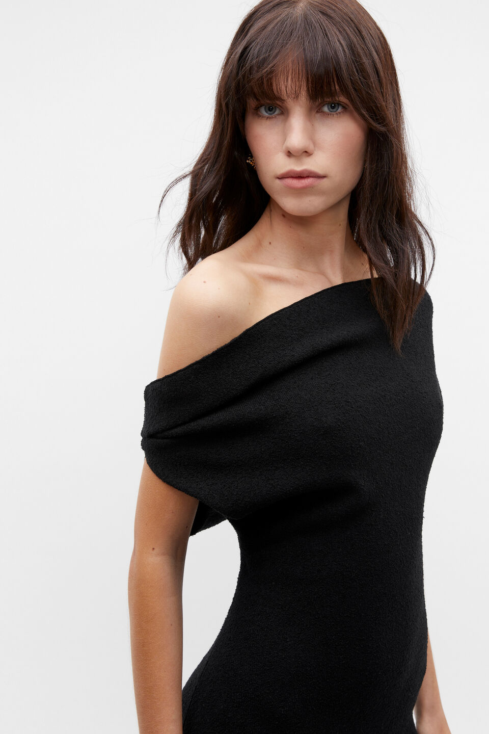 Boucle Knit Off Shoulder Dress  Black