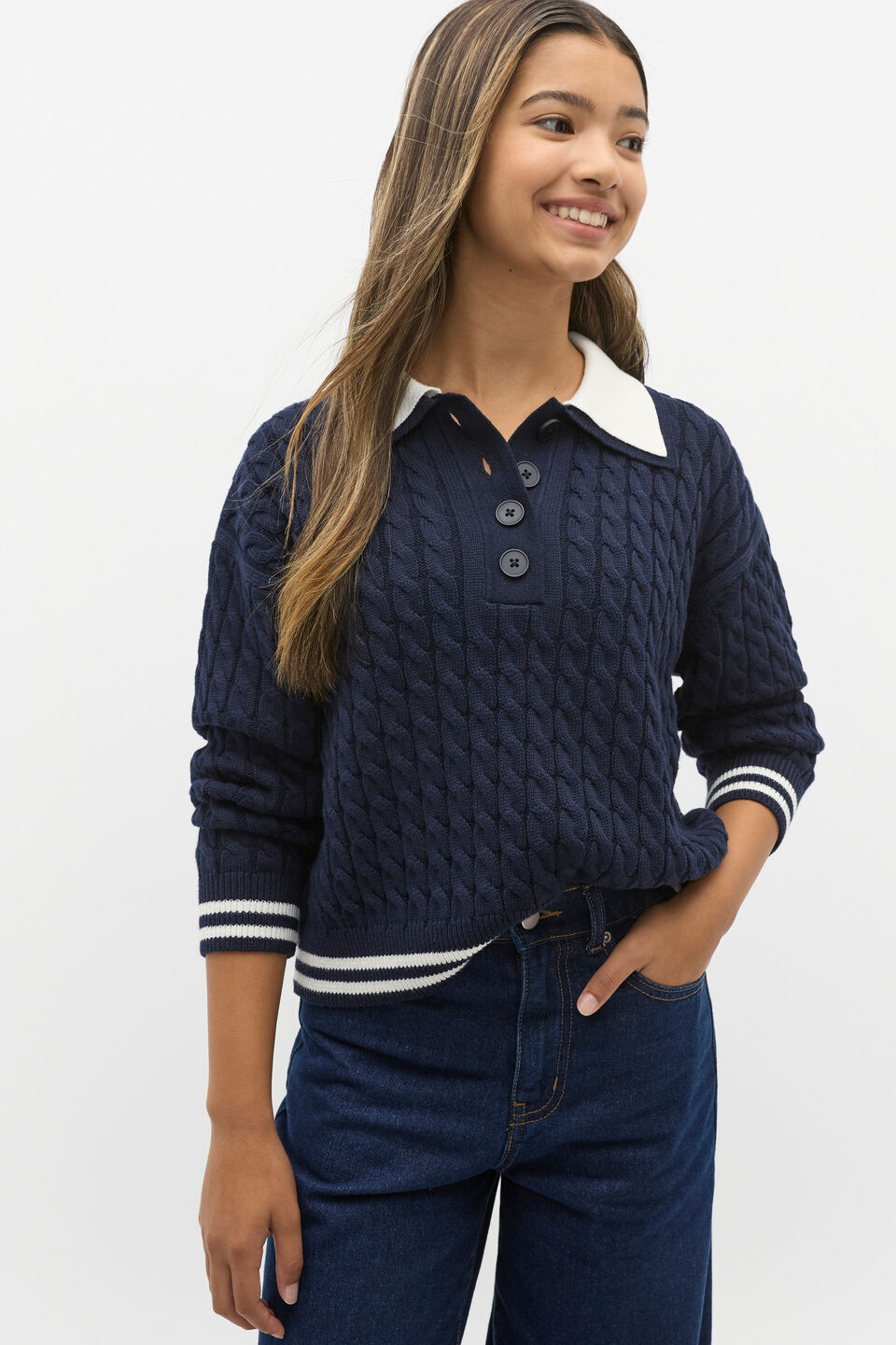 Cable Collar Knit Sweater  New Navy