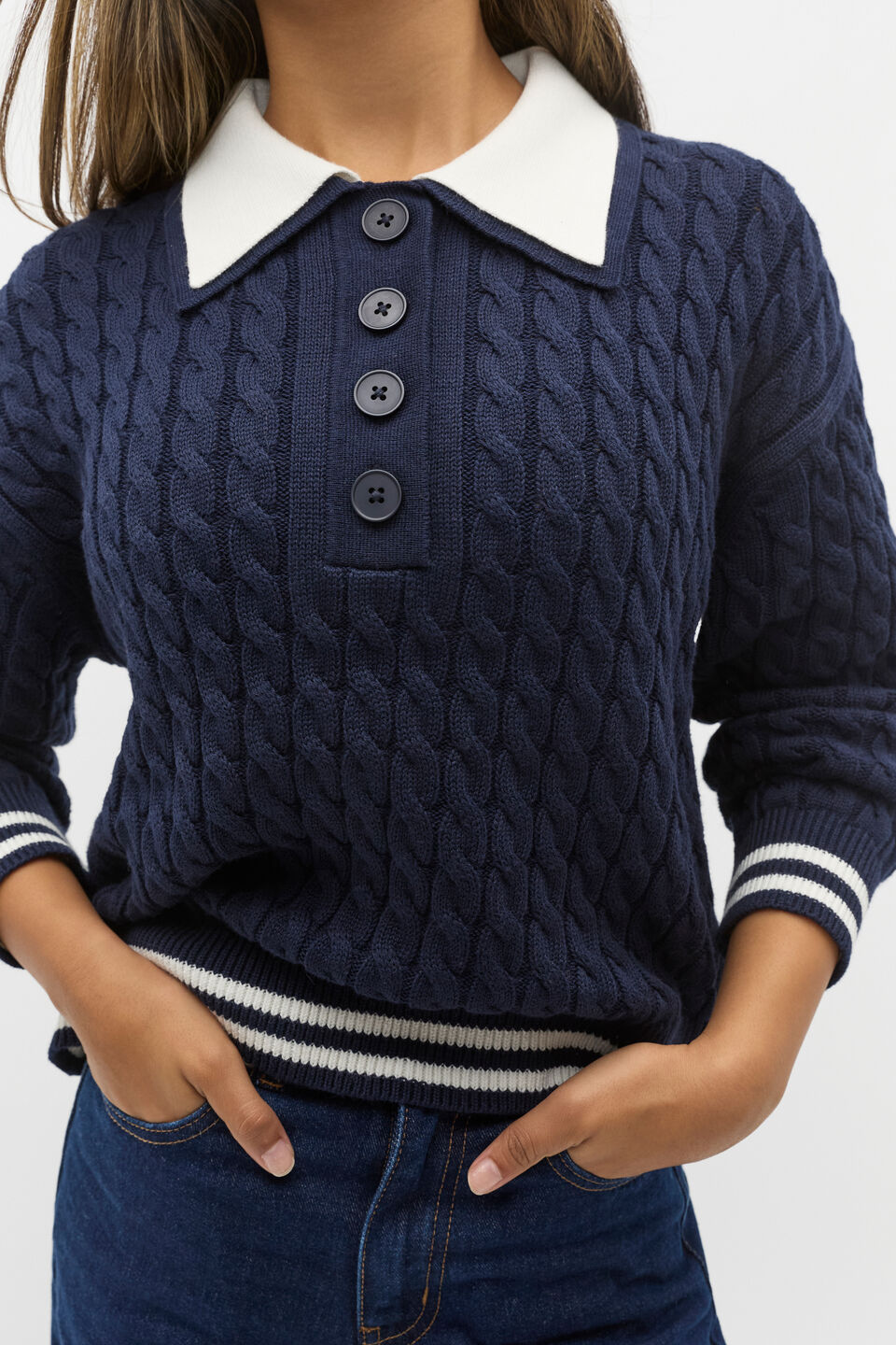 Cable Collar Knit Sweater  New Navy