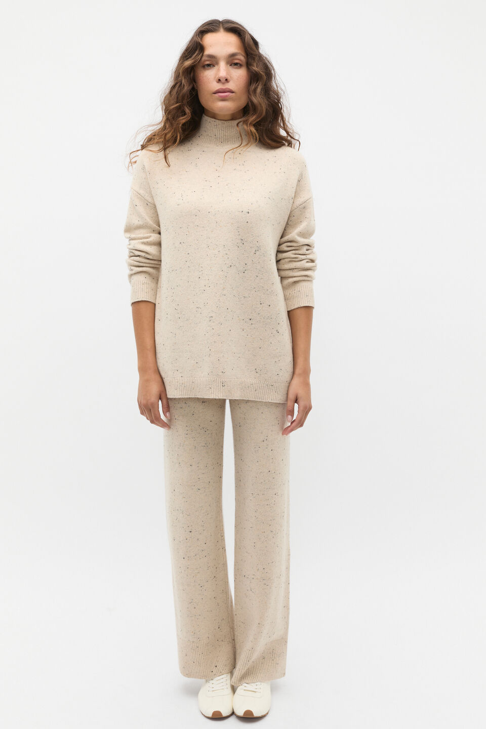 Fleck Mock Neck Slouch Knit  Latte Fleck