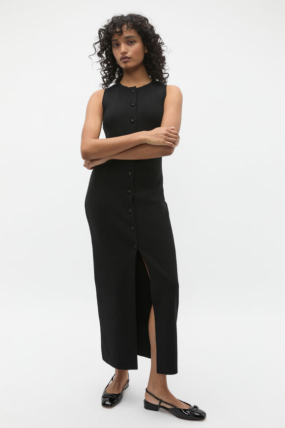 Crepe Button Midi Knit Dress  Black  hi-res