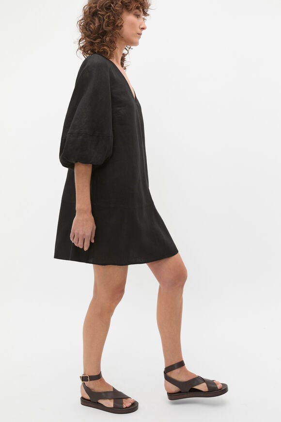 Linen V Neck Seam Detail Mini Dress  Black  hi-res