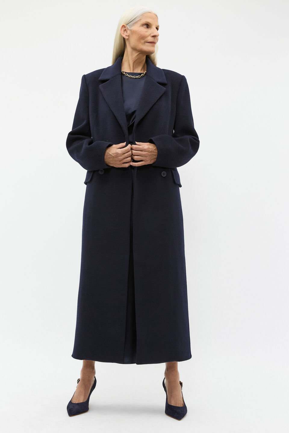 Wool Blend Double Breasted Coat  Twilight Blue