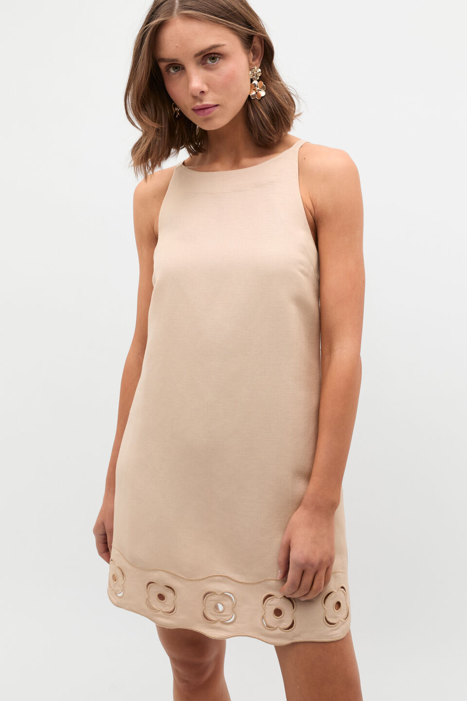 Retro Embroidered Mini Dress  Ecru