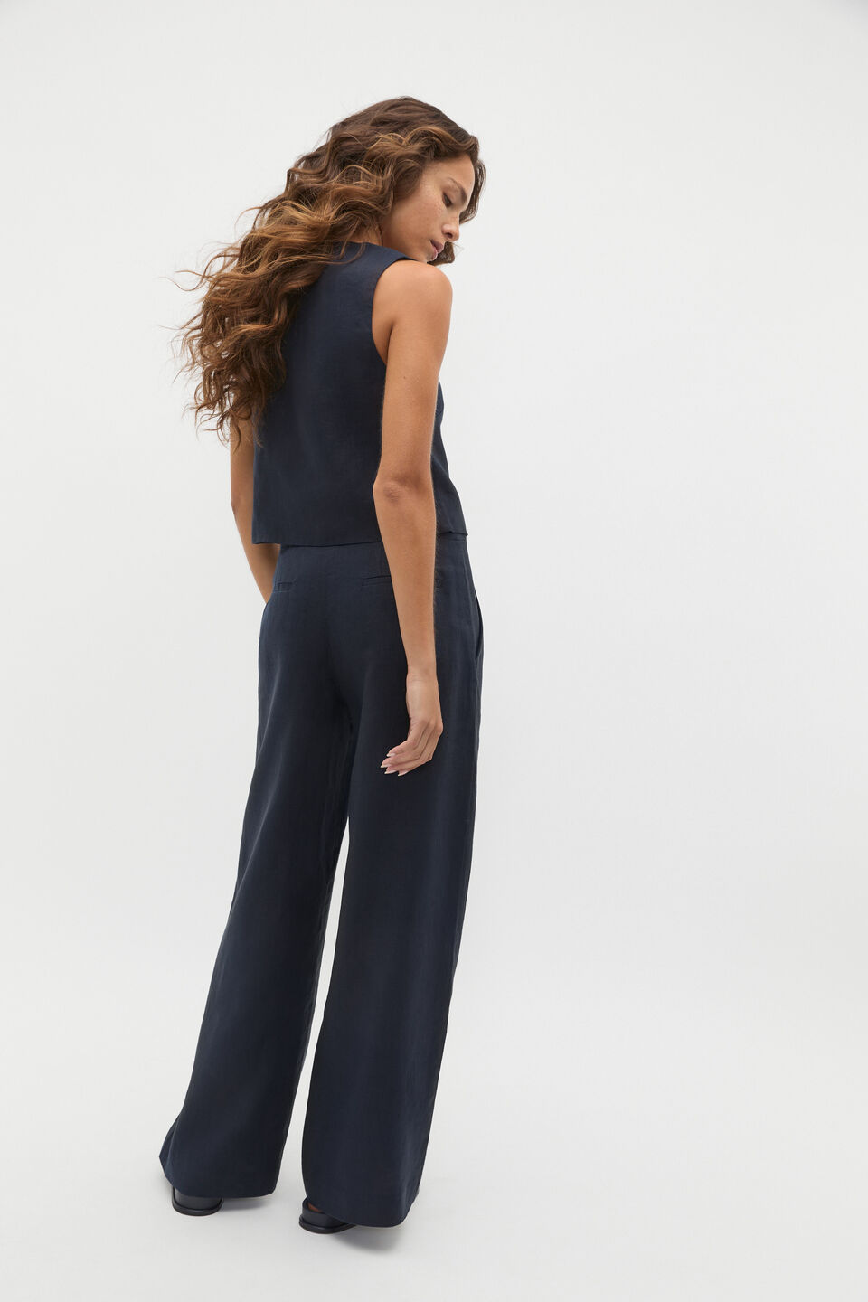 Linen V Neck Button Shell  Twilight Blue