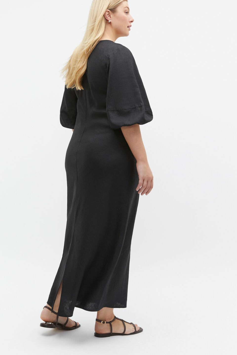 Linen Balloon Sleeve Slip Maxi Dress  Black