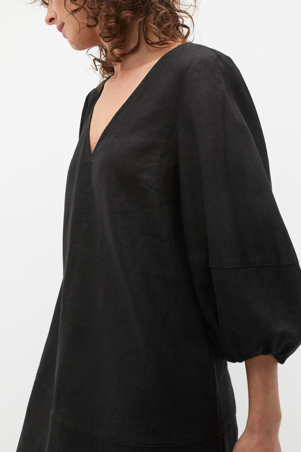 Linen V Neck Seam Detail Mini Dress  Black