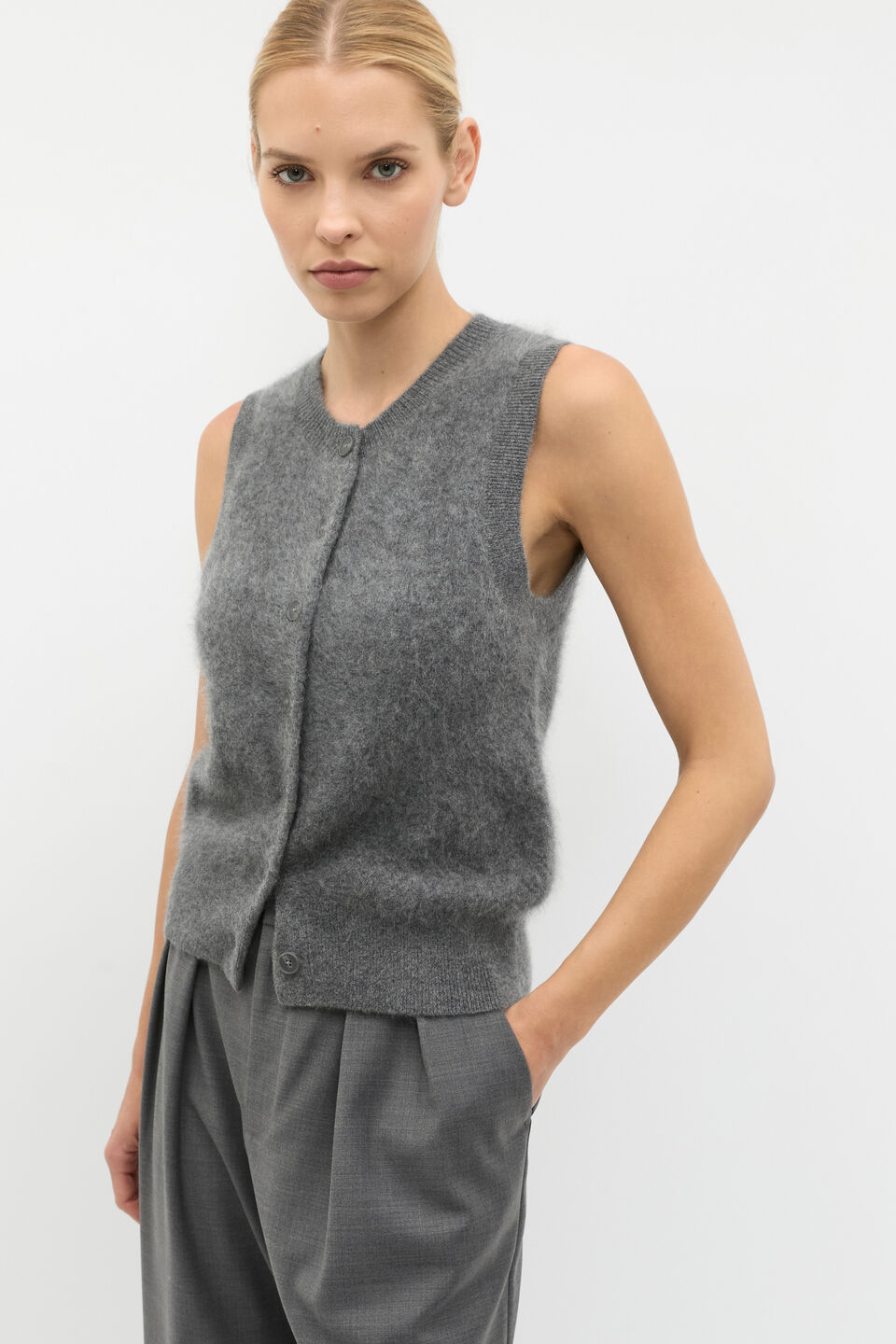 Brushed Cashmere Button Vest  Charcoal Grey Marle