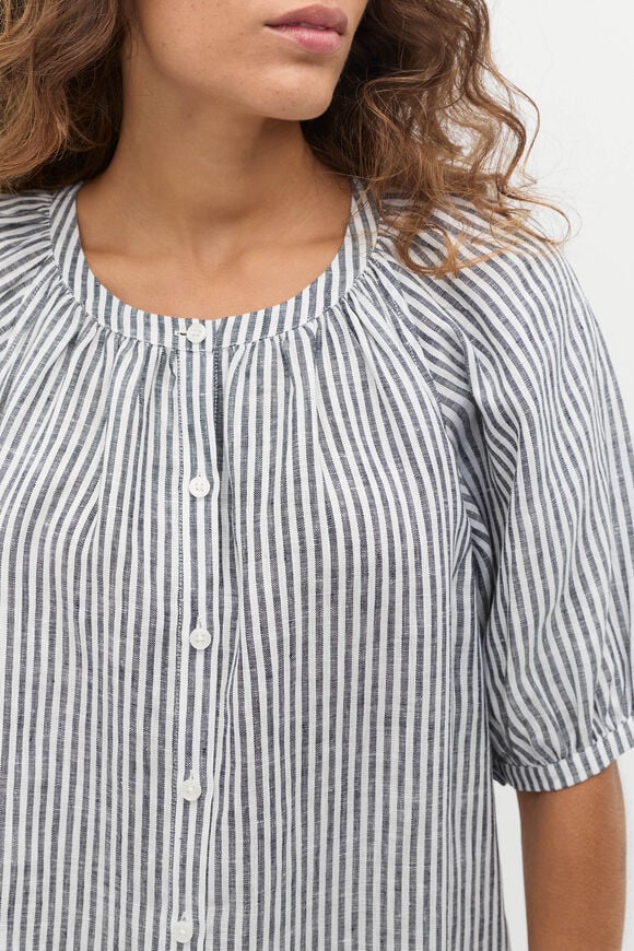 Linen Gathered Mini Dress  Twilight Blue Stripe  hi-res