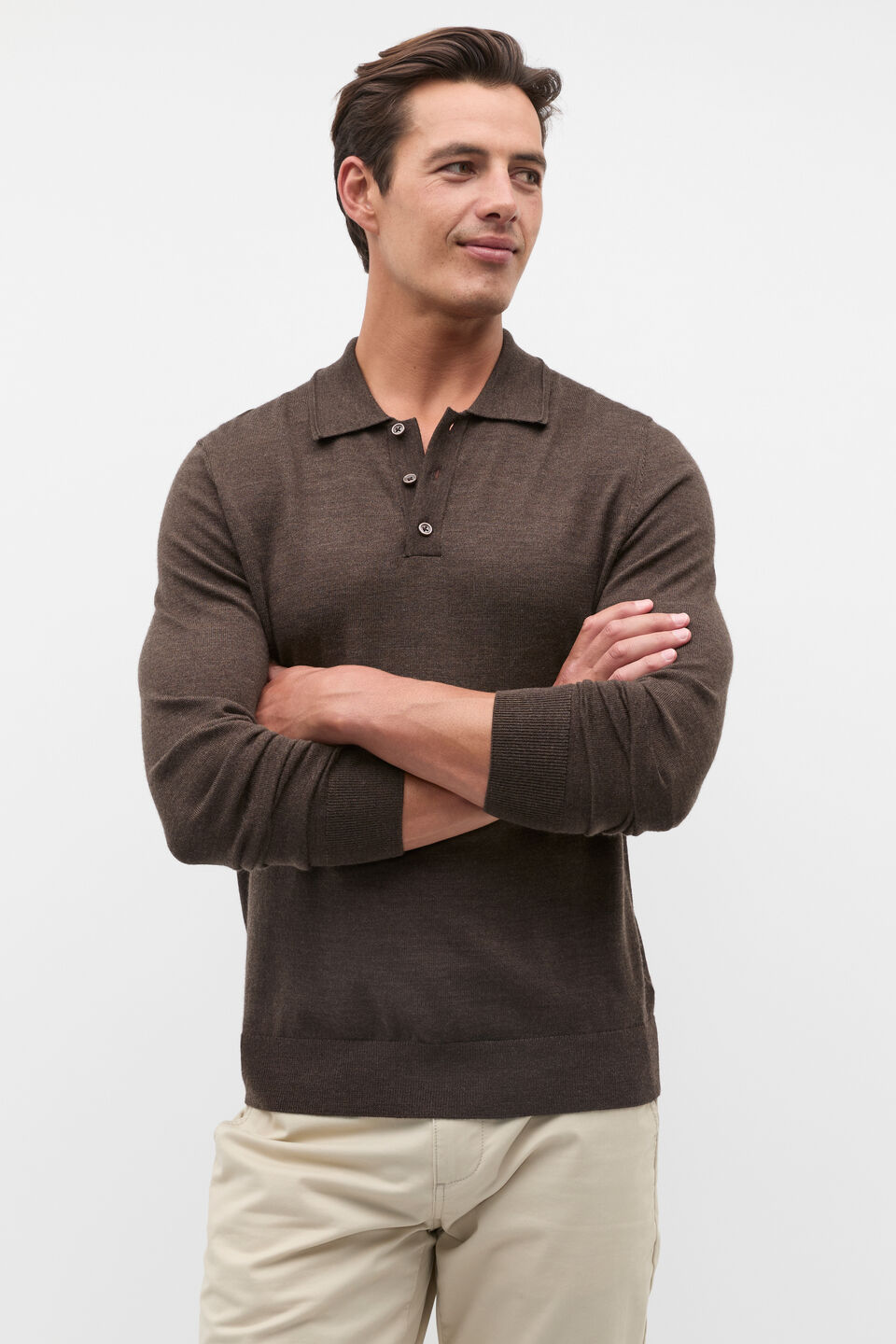 Merino Wool Long Sleeve Polo  Dark Espresso Marle