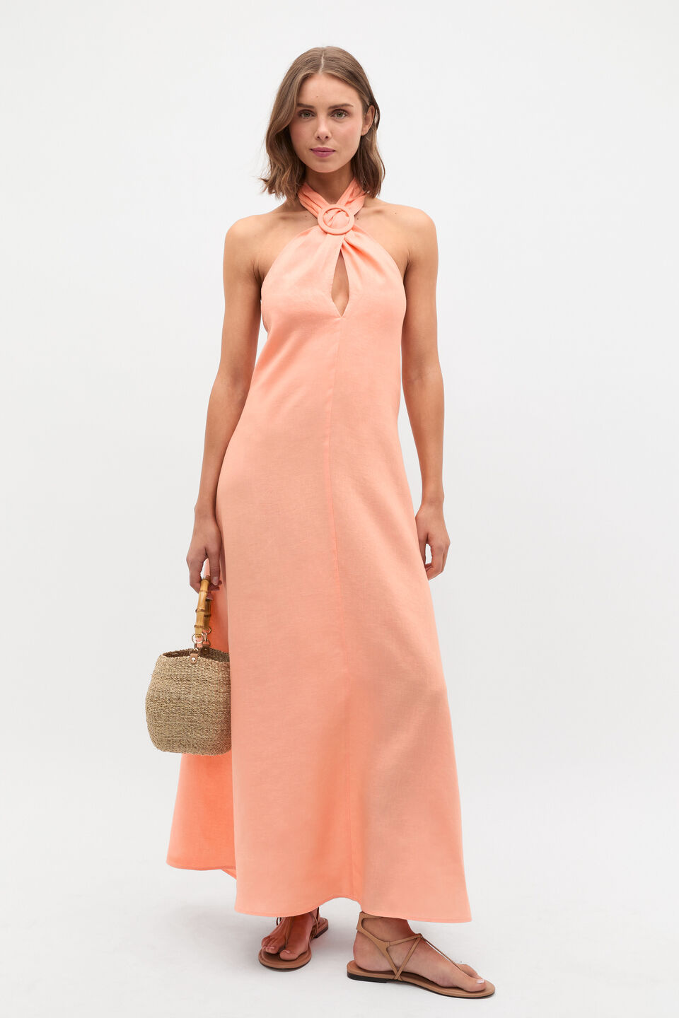 Linen Halter Ring Maxi Dress  Tangerine