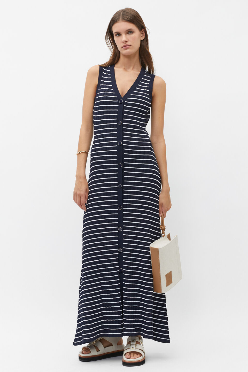 Stripe Rib Knit Button Midi Dress  Midnight Sky Stripe