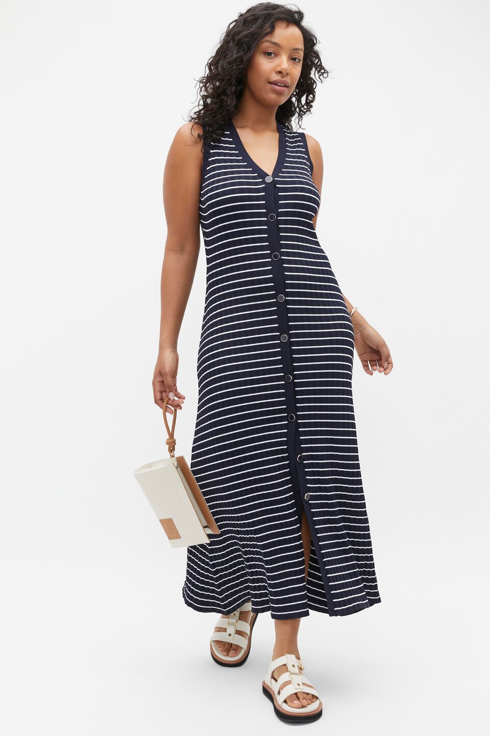 Stripe Rib Knit Button Midi Dress  Midnight Sky Stripe
