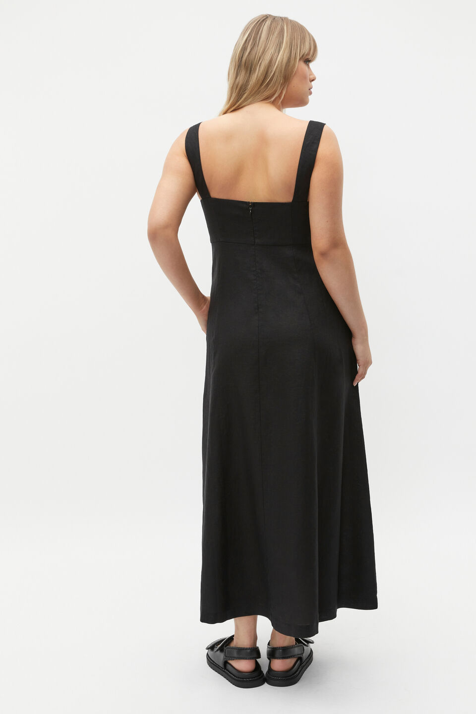 Linen Square Neck Sun Dress  Black