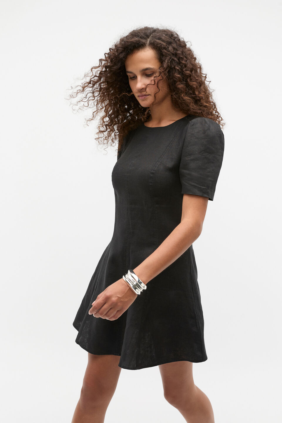 Linen Fit And Flare Mini Dress  Black