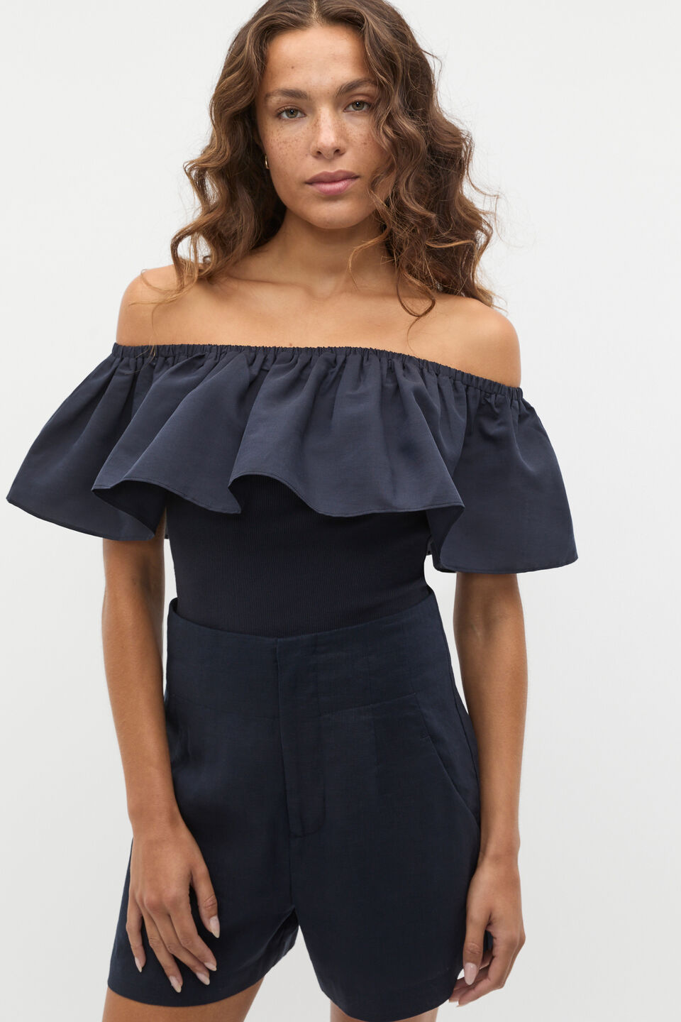 Off Shoulder Ruffle Top  Twilight Blue