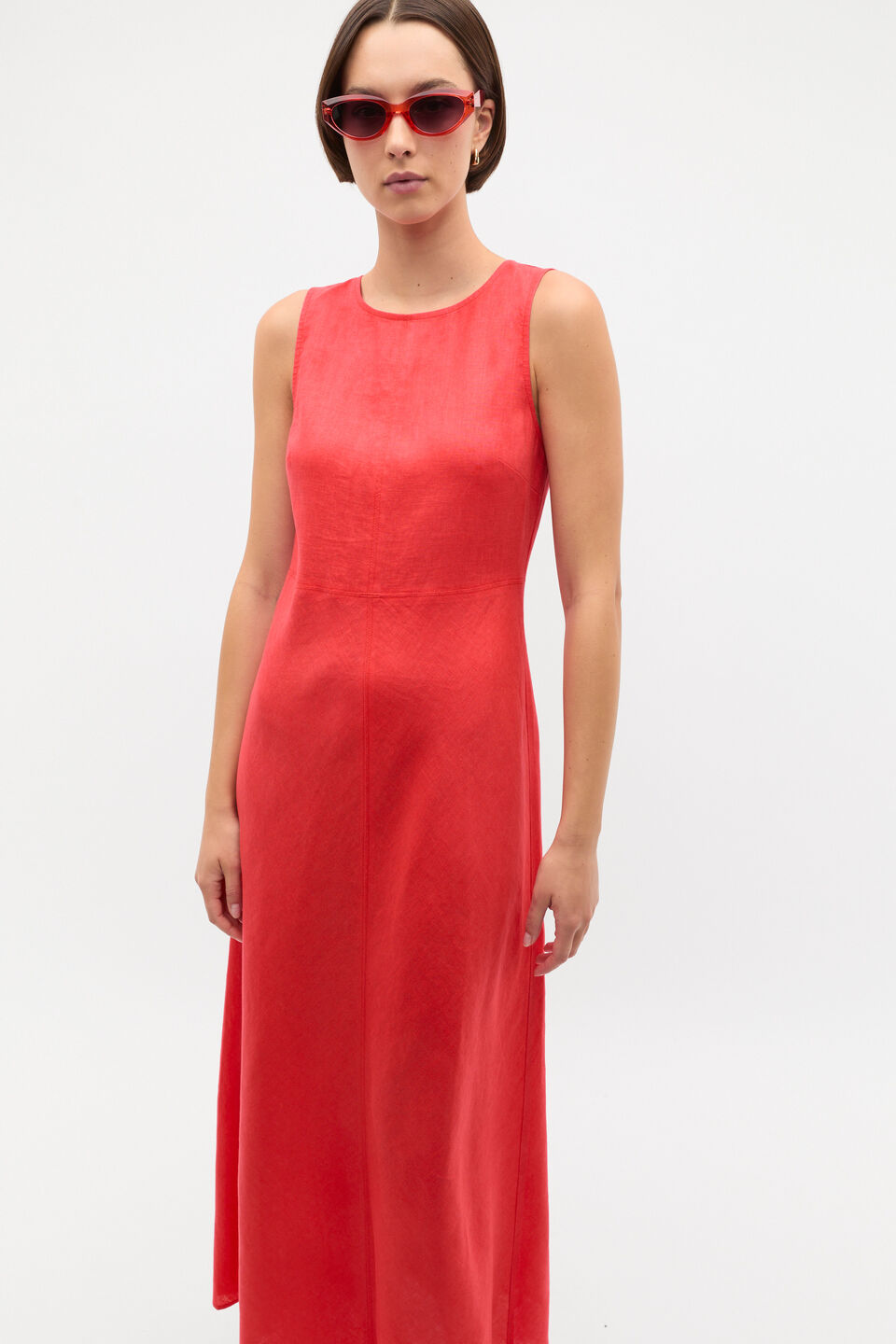 Linen Sleeveless Midi Dress  Electric Crimson
