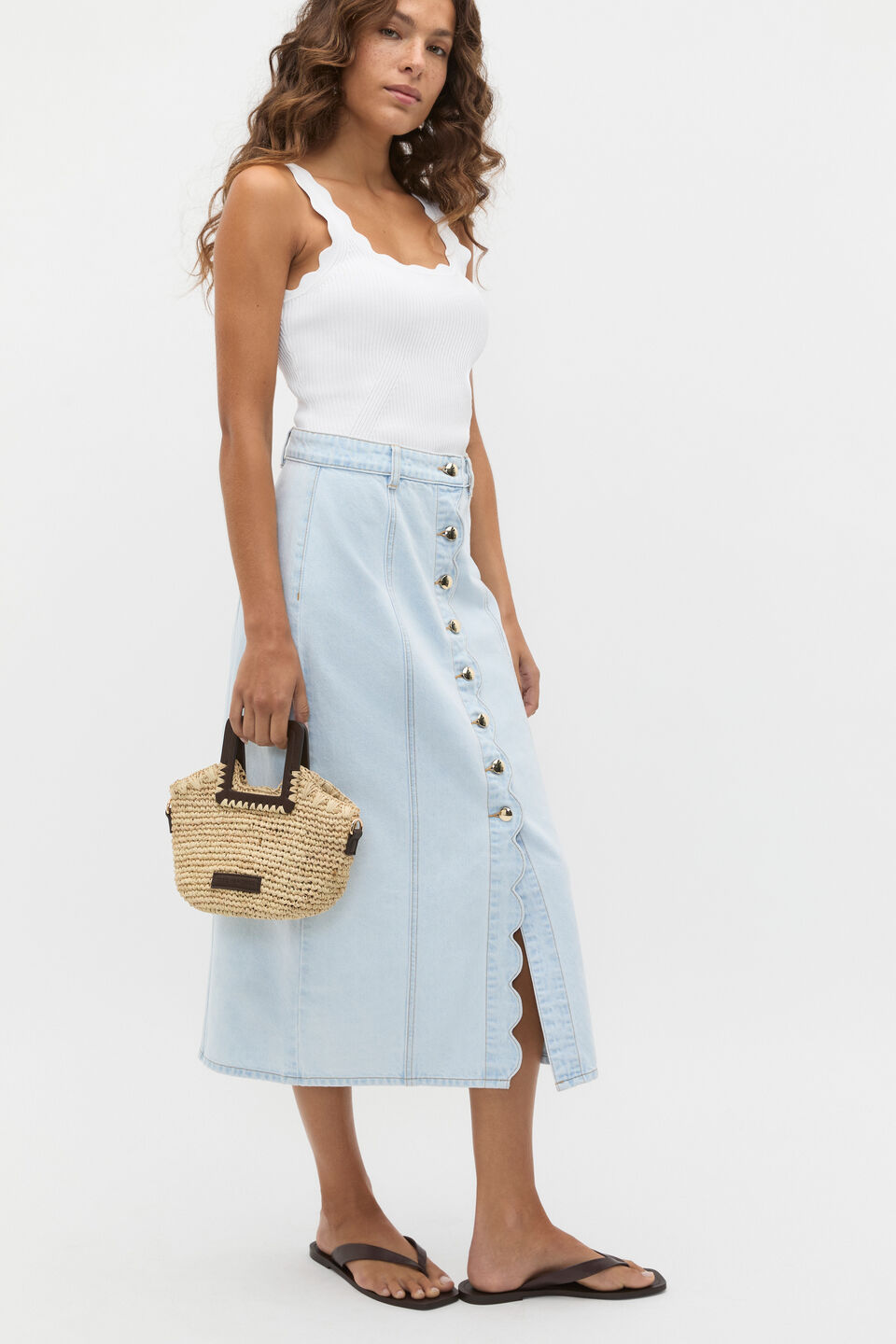 Denim Scallop Midi Skirt  Cornflower Wash