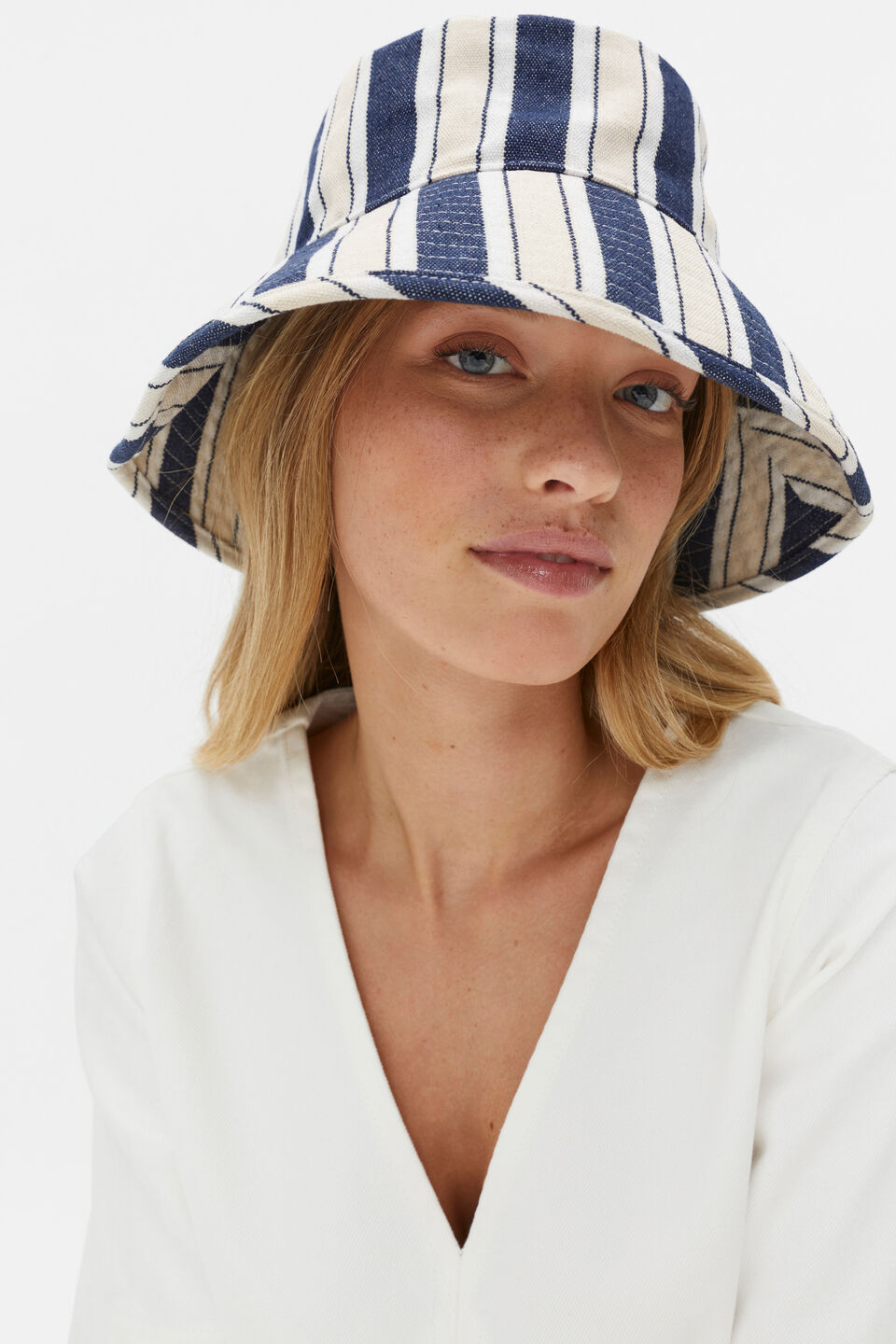 Wide Brim Stripe Bucket Hat  Midnight Sky