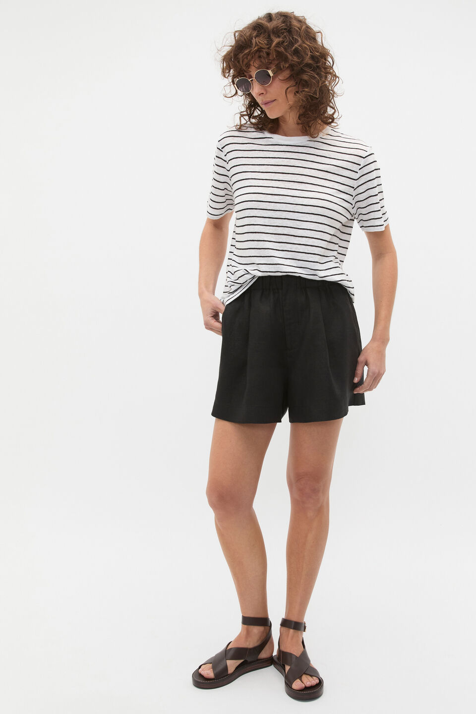 Linen Neat Tee  Black Stripe
