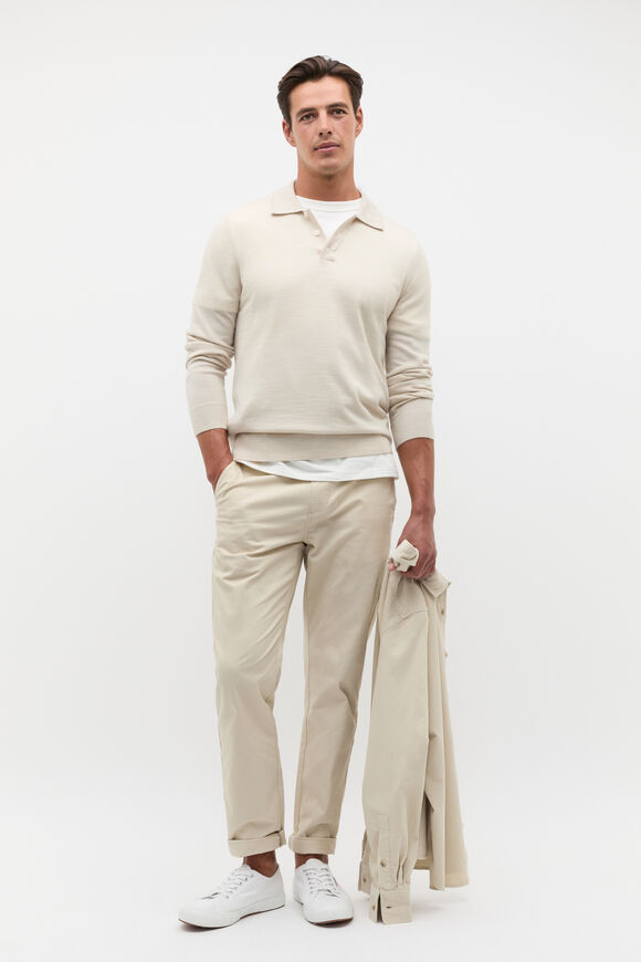 Merino Wool Long Sleeve Polo  Cool Stone Marle  hi-res