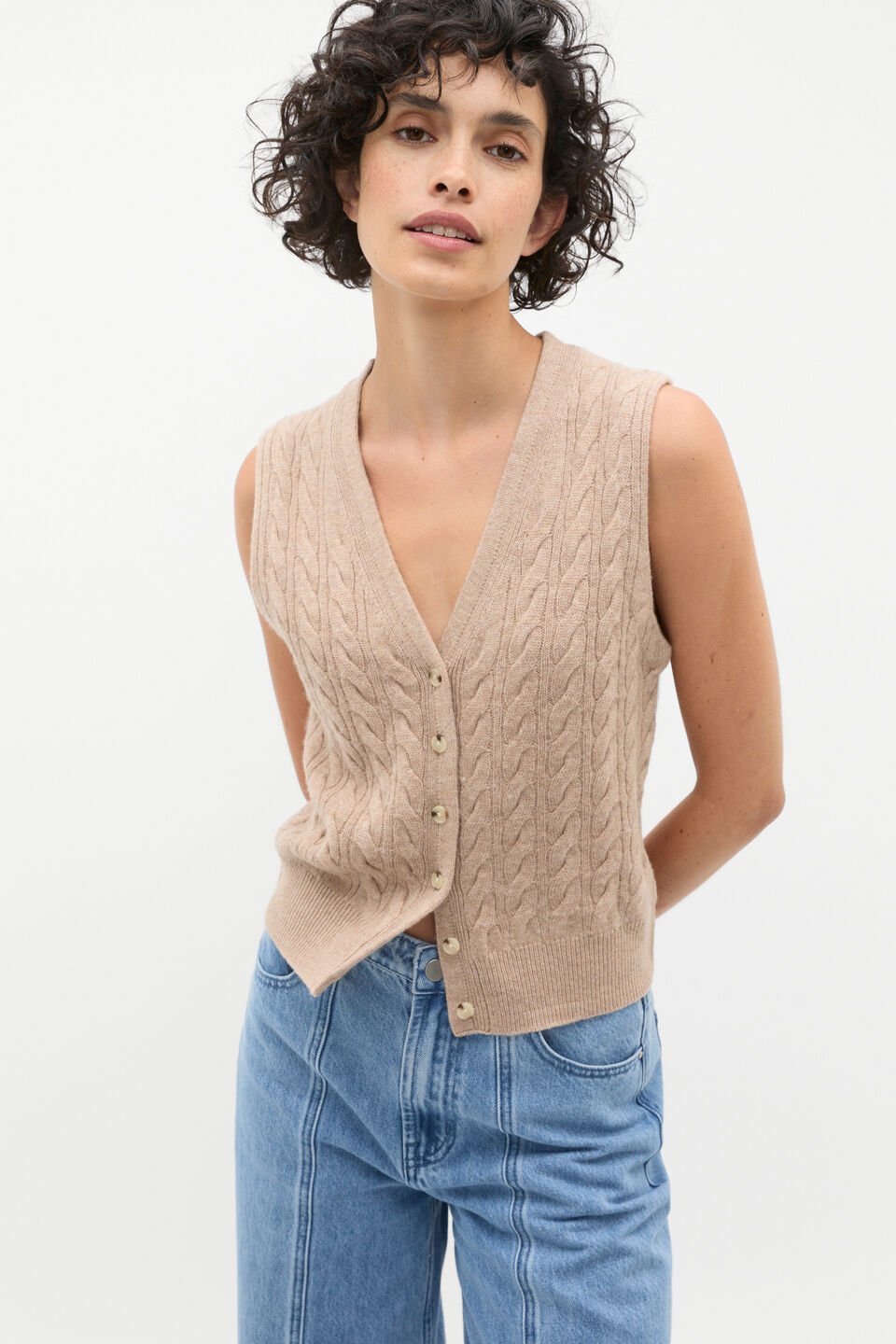 Cable V Neck Button Vest  Cookie Marle