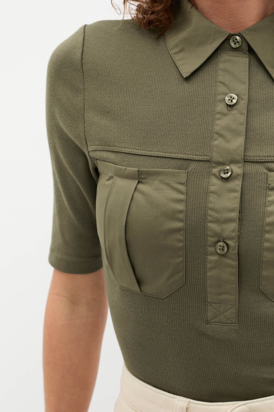 Contrast Placket Polo Top  Olive Leaf