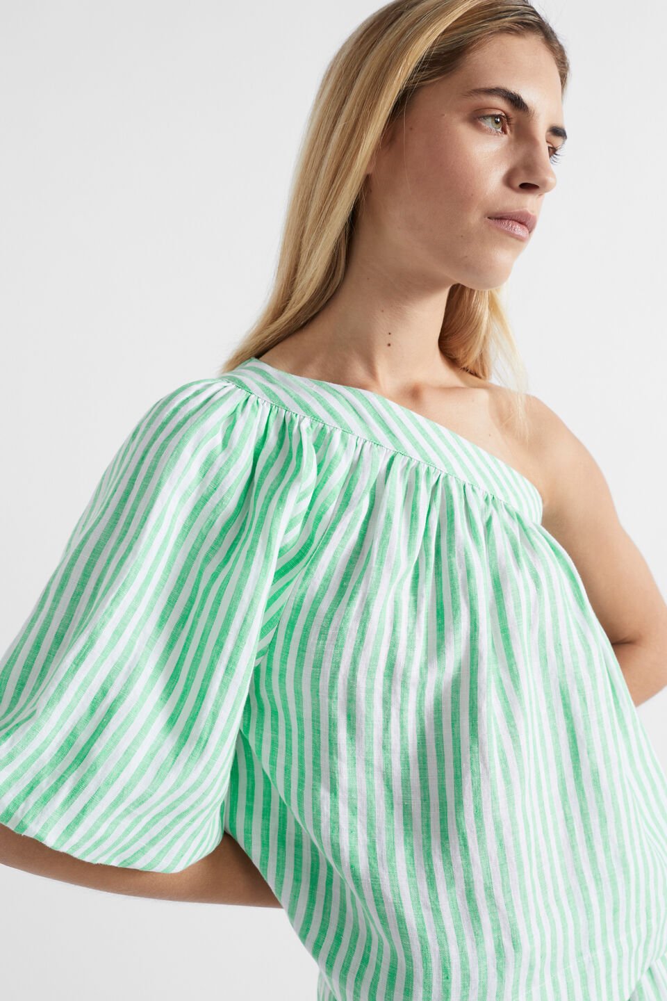 Linen One Shoulder Top  Key Lime Stripe