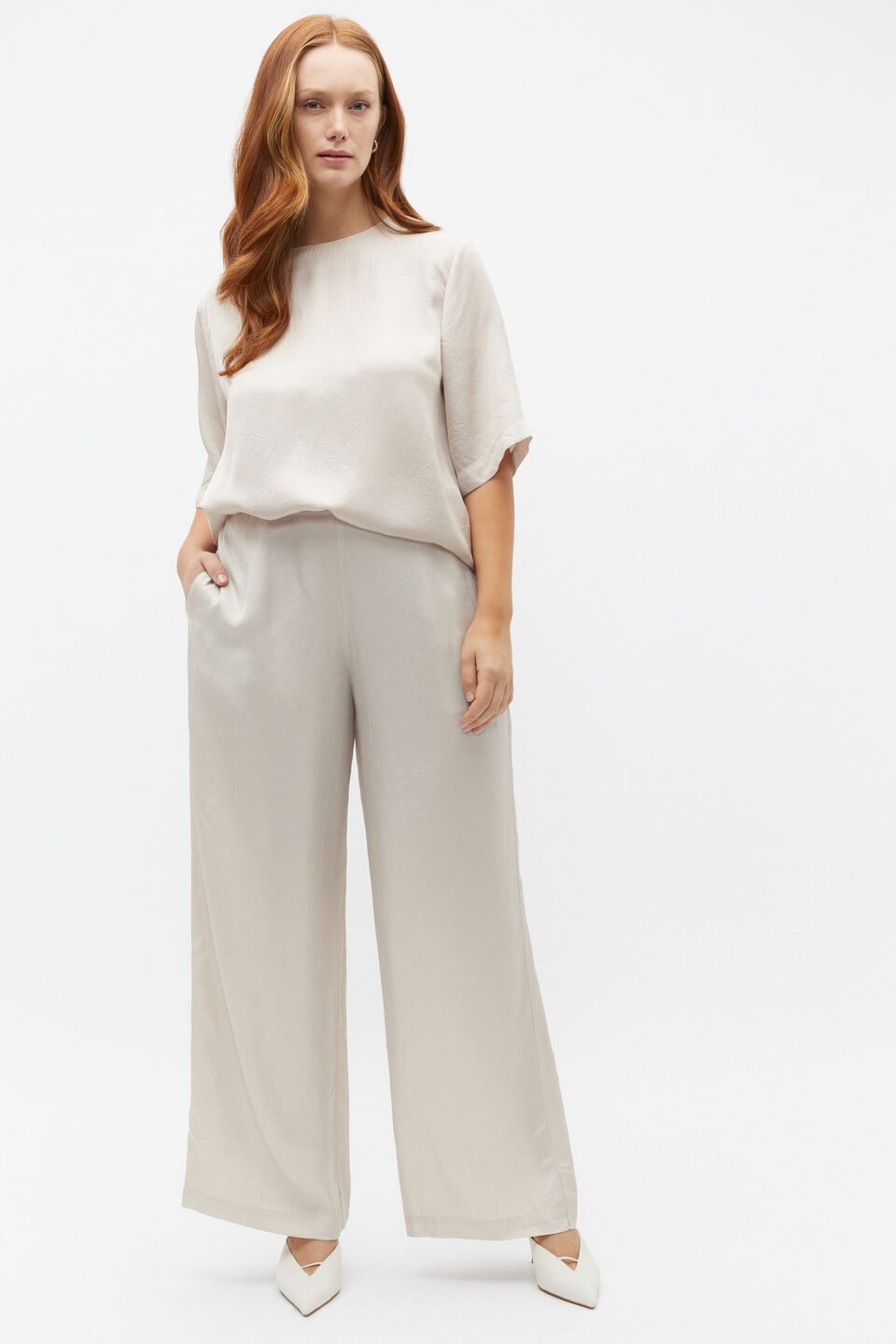Textured Satin Elasticated Pant  Oat