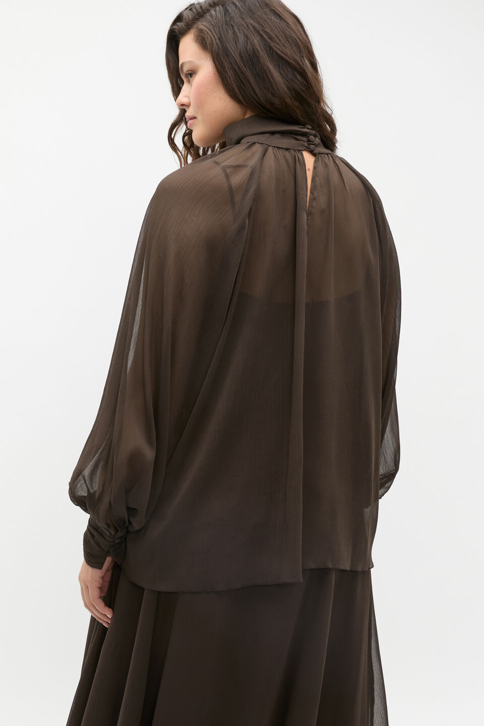 Chiffon Mock Neck Blouse  Dark Espresso
