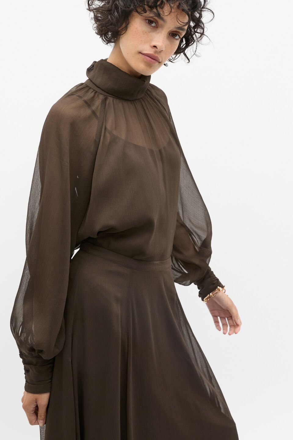 Chiffon Mock Neck Blouse  Dark Espresso