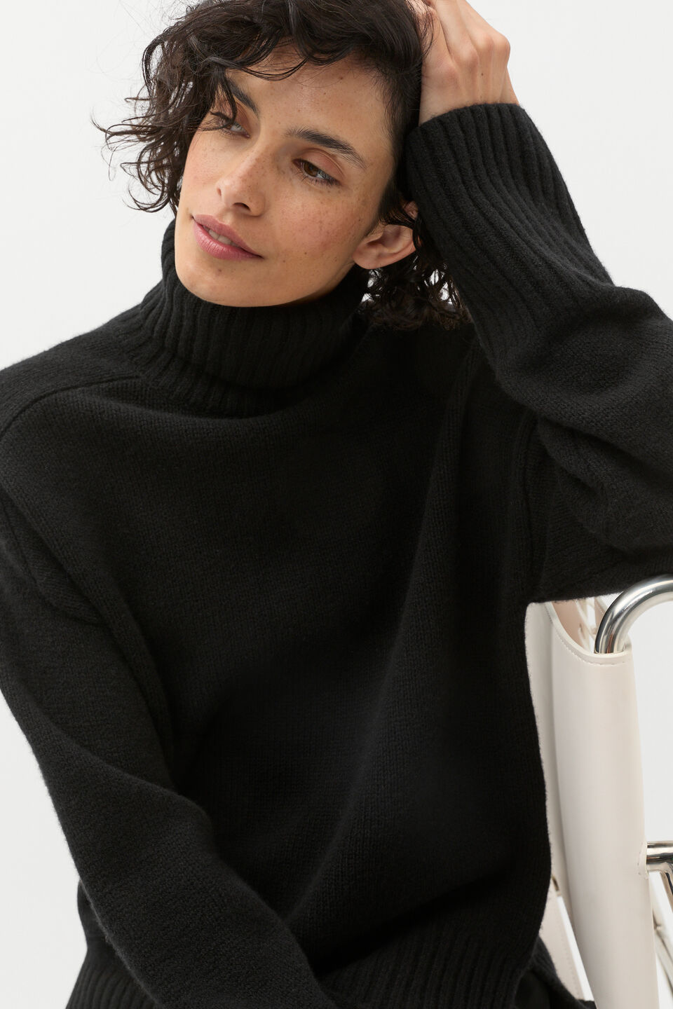 Merino Wool Roll Neck Side Split Knit  Black
