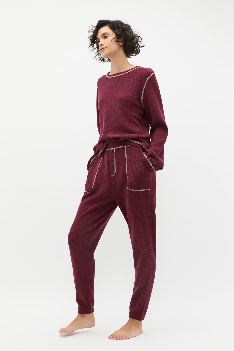 Waffle Top and Pant PJ Set  Plum Red Marle