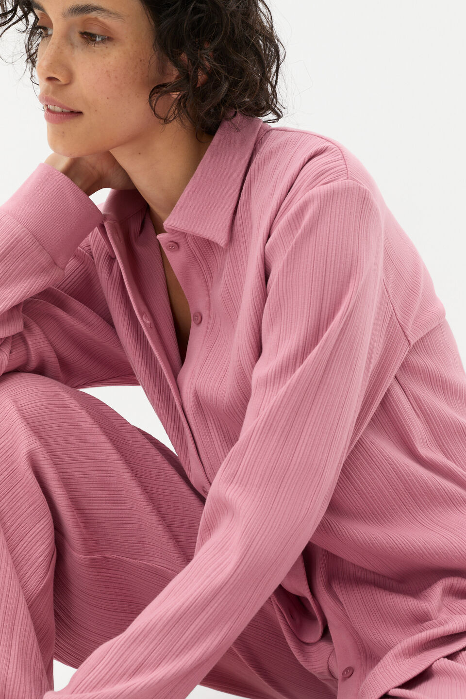 Vertical Rib Shirt and Pant Set  Mauve