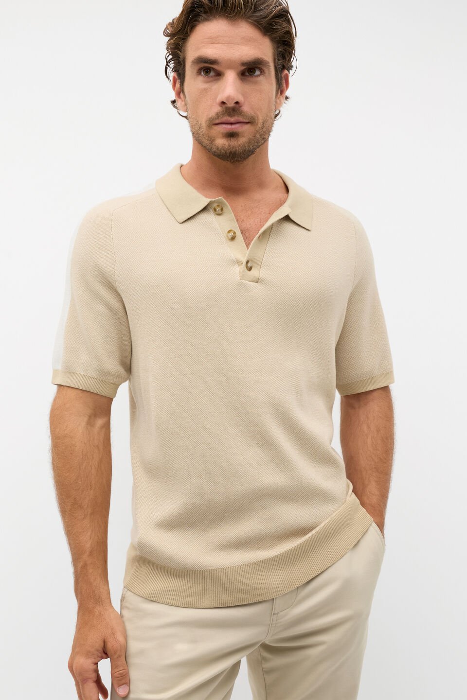 Colourblock Knit Polo  Cashew Marle